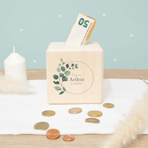 Spardose Taufe - Personalisierte Holzspardose - Geschenk zur Taufe, Taufgeschenk für Mädchen & Jungen - Sparschwein - hellomini (Eukalyptus)