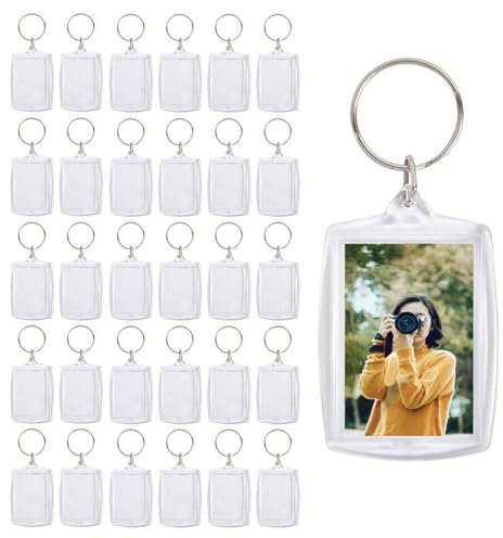50 PCS porte-clés transparents avec cadre photo, en acrylique, forme rectangulaire, convient pour les cadeaux pour la famille et les amis, Transparent