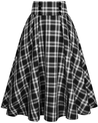 Belle Poque Damen Plaid Rock Vintage Hohe Taille A-Linie Plaid Rock mit Taschen