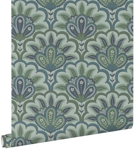 papier peint motif baroque oriental bleu et vert 50 x 900 cm - ESTAhome