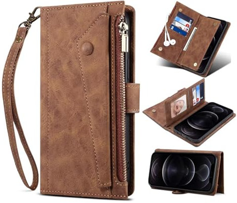 Czhwsm Compatible con Xiaomi Redmi Note 9S Funda de Piel sintética con Tapa Soporte Correa de muñeca Ranuras para Tarjetas Protectora Caso+2X Cristal Templado-Marrón