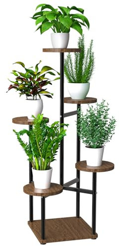 MYMULIKE 6 Niveaux Support de Plante en Métal Bois, Multiple Étagère à Fleurs Support de Pots Fleurs Porte Plantes Interieur, Décoratif Présentoir Étagère de Pots Fleurs pour Salon Balcon