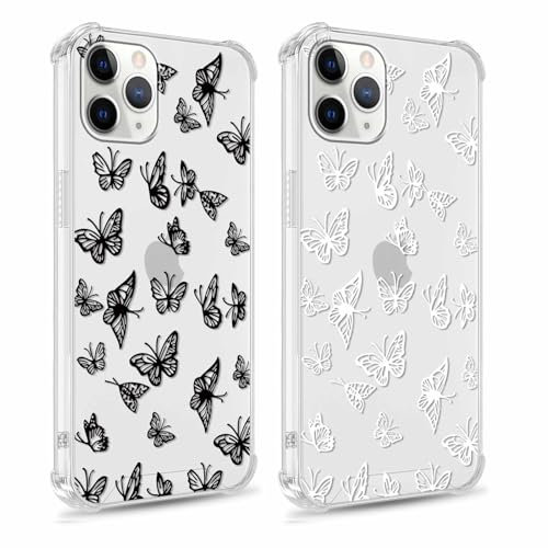 RUMDEY 2 Pack Clear Butterfly Print Girls Woman Phone Case for iPhone 11 Pro Max 6.5 inches, Aesthetic Soft Slim Shockproof TPU Bumper Cover for iPhone 11 Pro Max with Design, Black&White