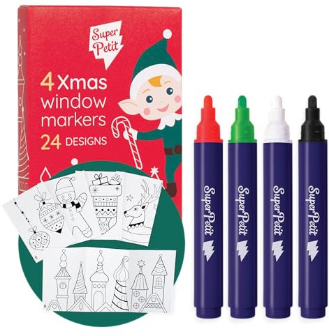 SUPERPETIT - 4 FEUTRES POUR VITRES + 24 MOTIFS À REPRODUIRE - 4 feutres à l’eau lavables pour vitres et miroirs. Feutre extra large – pointe ronde 3mm FACILE A NETTOYER – REUTILISABLE – A PARTIR DE 3