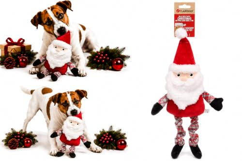 Flamingo Hundespielzeug – WEIHNACHTSSPIELZEUG – Antonella Weihnachtsmann Rot – 48 cm – Plüschspielzeug mit Quietscher und elastischen Beinen Festdesign
