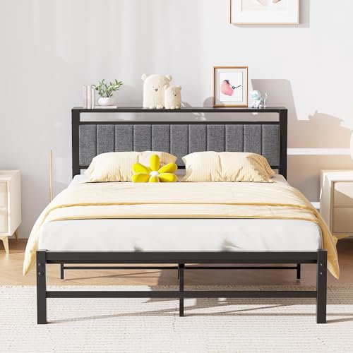 ARFARLY Double Bed Frame with Storage Headboard, 4ft6 Metal Upholstered Platform Bed Frame Double Bed/Under Bed Storage/No Box Spring Needed, Dark Gray