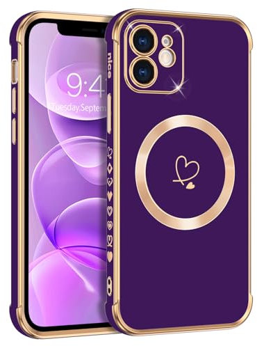 Telaso Magnetische Hülle für iPhone 12, Handyhülle für iPhone 12 Niedliches Herz Muster [ Kompatibel mit MagSafe ] Weiche Plattierung Abdeckung für Frauen, Schutz der Kamera, Lila