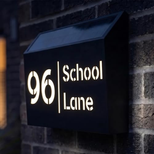 Solar Powered House Sign with Customised Illuminated Name & Number | 280mm x 180mm Fully Waterproof IP65 Cool White LED Address Plaque Perfect for Outdoor
