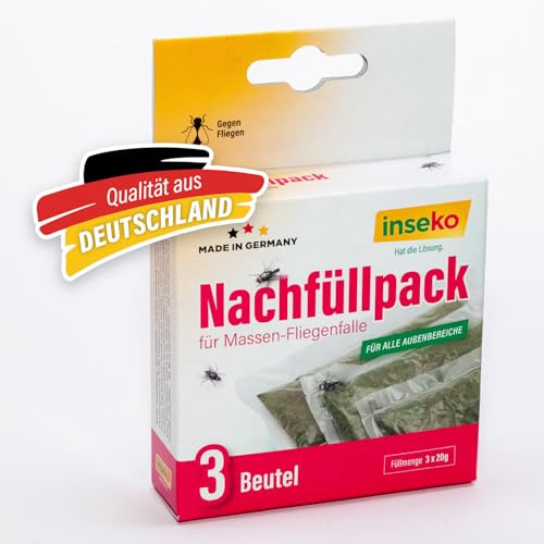 inseko 1x Nachfüllpack für Massen-Fliegenfalle – Lockstoff Nachfüllbeutel für Außenbereich – Starke Fliegenabwehr – 3 Beutel - Made in Germany