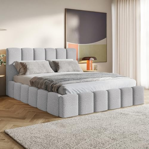 MOTIVENA Nunu Bubble Bett 200x200 Grau Boucle, mit Stauraum, mit Kopfteil, mit Lattenrost, ohne Füße, ohne Matratze, Bubble Polsterbett 200x200 mit Bettkasten Grau (Hellgrau)