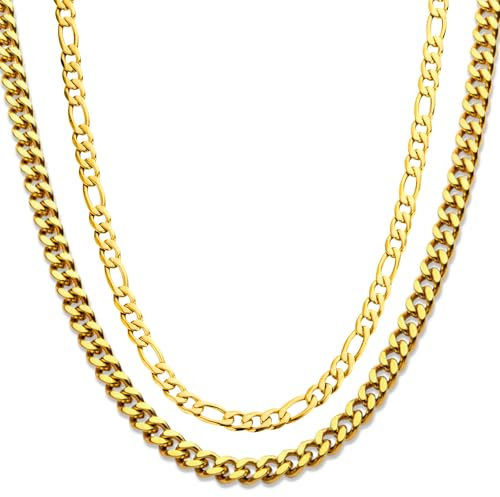 DVRK® Set 2 Collane Uomo Oro 18k con Base in Acciaio Inossidabile 316L – Collana Uomo Oro Cubana e Catena Resistenti all'Acqua e al Sudore – Regalo, Gioelli