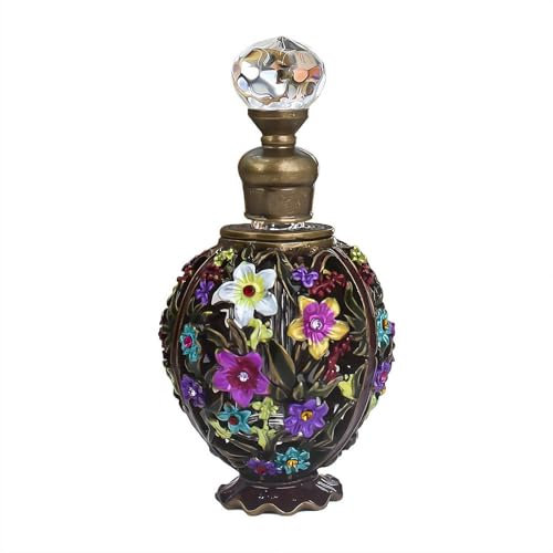 Vintage Crystal Perfume Bottles, 12ml Retro Perfume Glass Bottle, Antique Crystal Metal Empty, Painted Enameled Decorative Crystal Perfume Holder, Scent Bottle, Refillable Perfume Bottle (A)