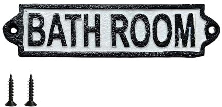 Bathroom Door Sign with Fixing Screws Cast Iron Plaque 20cm Traditional Black White Rustic Finish Ideal for Hotel, BandB, AirBnB, Office, Guest House, Hostel, Toilet
