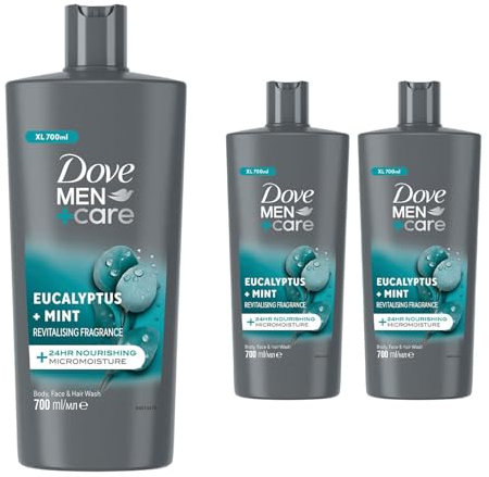 Dove Men +Care Eucalyptus + Mint 3-in-1 Hair, Face and Body Wash Body Cleanser Shower Gel, Pack of 3, 24 Hour Micro Moisture Technology Invigorate and Refreshing 700 ml