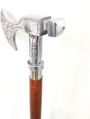 Dekorativer Gehstock mit Aluminium-Axt-Griff, Holzschaft, Silber und Braun