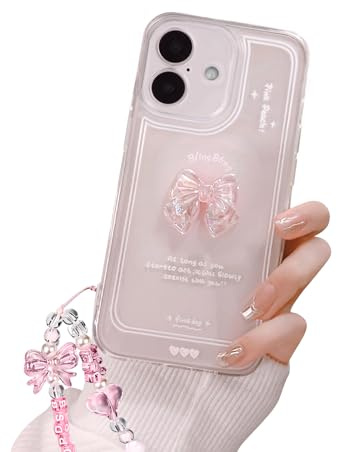 Reownest Kompatibel mit iPhone 17 Hülle Cute 3D Rosa Schleife Transparent Aesthetic Süßes Design Handyhülle Frauen Mädchen Teen Girls Kamera Objektiv Schutzhülle + Glitter Bow Crystal Kette