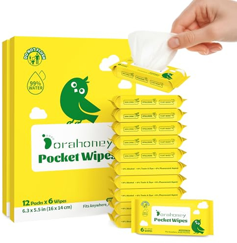 Dorahoney Mini Wet Wipes Travel Size, Sensitive Fragrance Free Travel Wipes, 99% Water, Unscented & Hypoallergenic Hand and Face Pocket Wipes for Adults, Kids & Baby Care