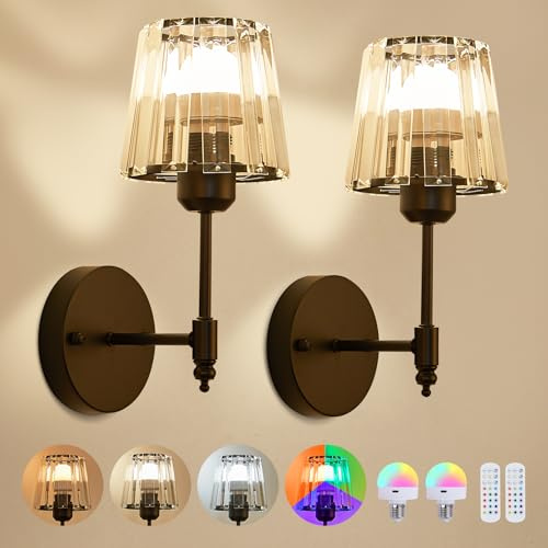 DSJK Battery Operated Wall Sconce Set of 2 Crystal Wall Lights | Rechargeable Wall Light with Remote Control Black Wireless Wall Light 15 Colors RGB Cordless Wall Lamp for Bedroom Bathroom