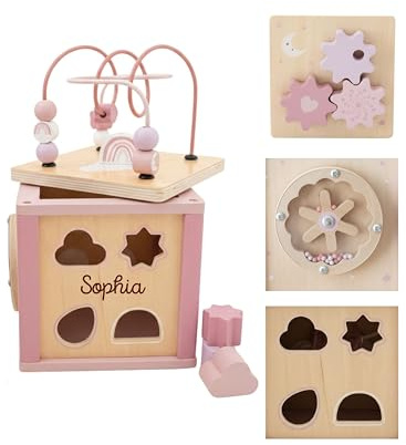 wunderwunsch x smallfoot personalisierter Motorikwürfel Holz - Montessori Würfel - Baby Motorikspielzeug ab 1 Jahr - Kinderspielzeug 18 Monate, motorische Spielzeug, mit deinem Namen (rosa)