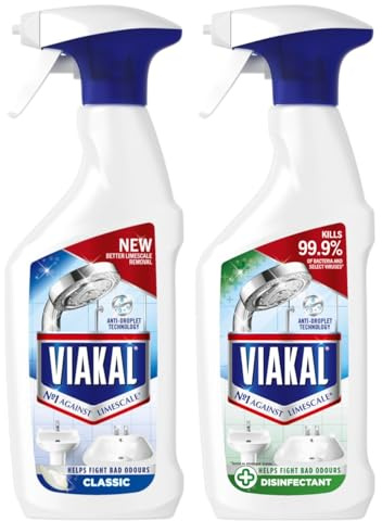 Viakal Limescale Remover Spray Bundle (2 Pack) – CLASSSIC & DISINFECTANT 3-IN-1 Bathroom Cleaner – Powerful Descaler, Kills 99.9% of Bacteria, Anti-Droplet Technology for Long-Lasting Shine