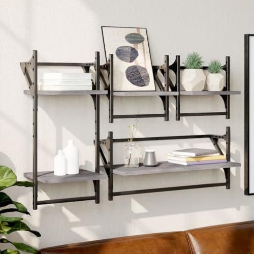 Mhdvray 4-TLG. Wandregal Set Grau Sonoma 30/65 cm BxTxH Holzwerkstoff mit Metallstange Modernes Schweberegal platzsparendes Storage Rack für Wohnzimmer Flur Schlafzimmer und Bad