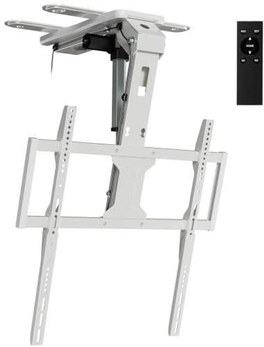 Soporte de techo motorizado abatible para pantallas de 37 a 75 pulgadas, soporte de techo eléctrico desplegable con control remoto, soporta hasta 90 libras, VESA máximo 600 x 400 mm, color blanco