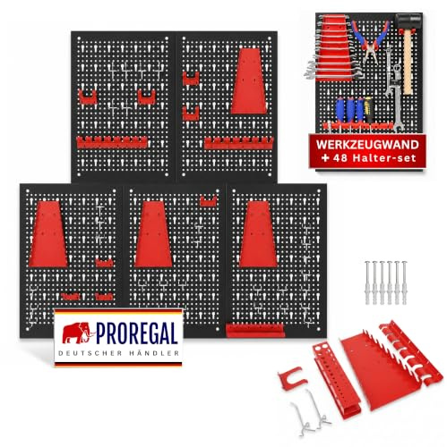 PROREGAL 5x Werkzeugwand ARES, Werkzeug Lochwand Set aus Metall, Lochplatte inkl. 48 Haken & Halterungen, 200x60cm, inkl. Montagematerial, Werkzeughalter Werkstatt Werkzeuglochwand Erweiterbar