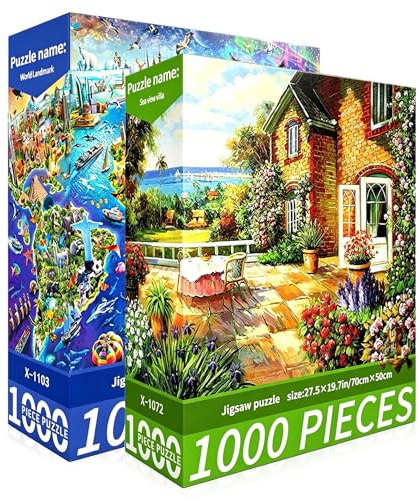 2er Puzzle 2000 Teile Erwachsene Klassische Jigsaw Puzzle Weltberühmte | Impossible Sehenswürdigkeiten und Villen mit Meerblick 2000 Teile als Geschenke und Wanddekoration 70*50cm
