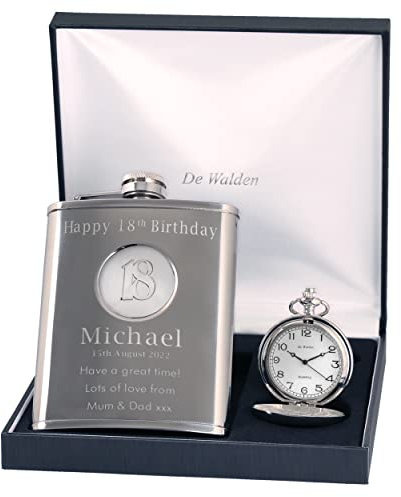 Engraved 18th Birthday Silver Coloured 18 Feature Pocket Watch and Hip Flask Gift Set in a Quality Box