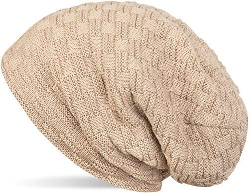 styleBREAKER warme Feinstrick Beanie Mütze mit Flecht Muster und sehr weichem Fleece Innenfutter, Unisex 04024058, Farbe:Sand