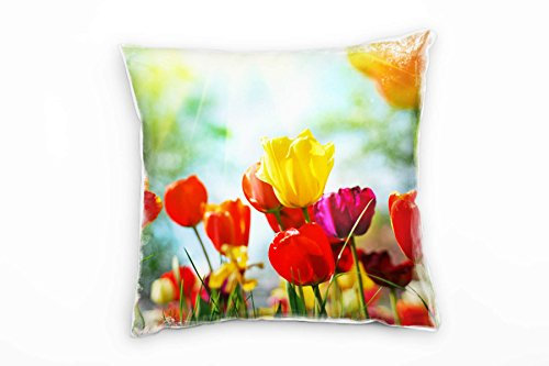 Paul Sinus Art Blumen, bunt, Frühling, Tulpen, Sonnenschein Deko Kissen 40x40cm für Couch Sofa Lounge Zierkissen - Dekoration zum Wohlfühlen