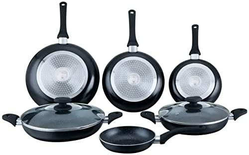 Batterie de cuisine - lot de casserole induction - set casserole et poele tous feux - Batterie de cuisine revetement pierre 8 pieces noir Tous Feux - Herzberg HG6010-BLK