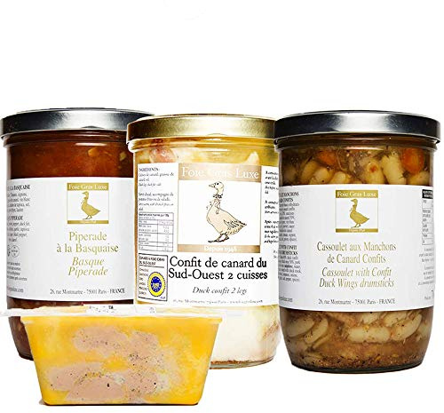 Panier Gourmand Noël Box Produits du Sud-Ouest 4 spécialités de la Ferme au Canard- Terrine de Foie Gras de Canard, Cassoulet, Piperade, Confit de Canard - Bocal en Verre - Sans Additifs Sans OGM