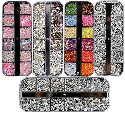 Ranvi 3000 Stück (5 Boxen) Nail Art Strasssteine Kit Nail Strasssteine mit 1 Stück, Multicolor-Ohrstecker Horse Eye Strasssteine für Nail Art Dekorationen