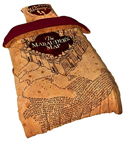 Elbenwald Harry Potter Bettwäsche mit der Karte des Rumtreibers Motiv 2 teilig Kissen 80 x 80 cm und Decke 135 x 200 cm Microfaser beige Rückseite Uni rot