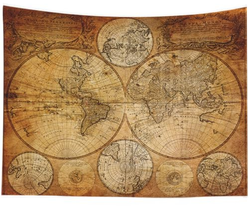 CAPSCEOLL Wandteppich, Motiv: Landkarte, lustiger Wandschmuck, Kunst-Wandteppich, College-Weltkarte, Tapisserie, braun, für College-Wanddekoration, 203 x 152 cm, Braun-Gelb