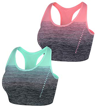 Sykooria Damen Sport BH Gepolstert Bustier Damen BH ohne Buegel Racerback Push up BH mit Farbverlauf Sport Top für Yoga Fitness, 2 PCS, Grün+pink, L