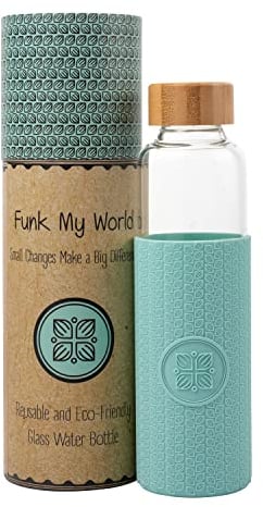Funk My World Glass Water Bottle - Bamboo Lid Glass Water Bottle With Silicone Sleeve- Eco Friendly Carry Case 500ml Water Bottle / 19 oz - BPA Free, Dishwasher Safe (DUCK EGG BLUE)