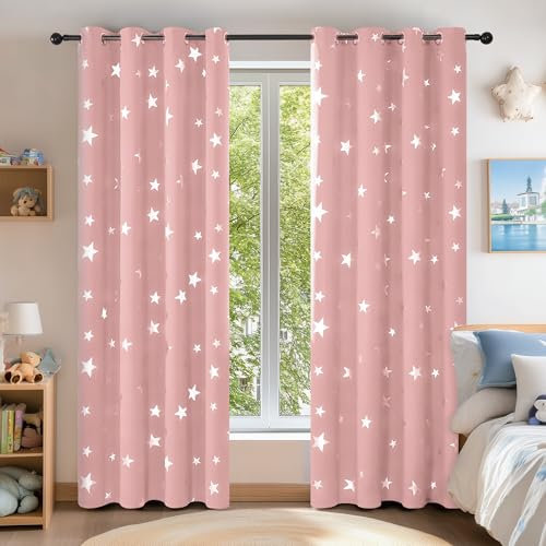 Deconovo Gardinen Verdunkelung für Schlafzimmer, Thermo Vorhänge mit Ösen, Vorhang mit Muster Sterne, 229x117 cm(HöhexBreite), Korallenrose, 2er Set