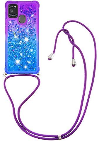 HongMan Handykette Hülle für Samsung Galaxy A21S, Smartphone Necklace Glitzer Transparent Silikonhülle mit Band - Handyhülle Case mit Stylische Kette zum umhängen, Lila und Blau