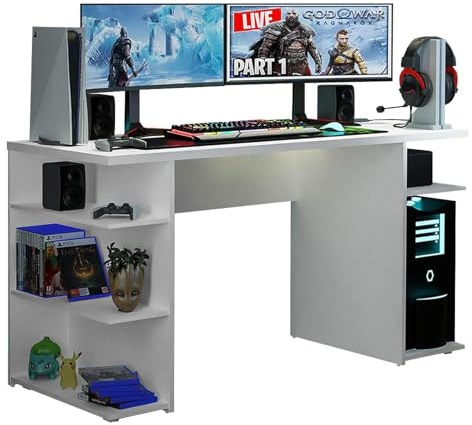 Madesa Large Gaming Computer Desk 53 Inch with 5 Shelves Cable Management Student Study Wooden Table Home Office Gamer Desk for Kids and Adults - White