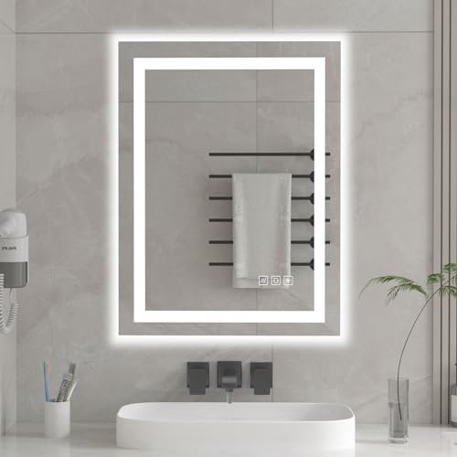 furduzz Badezimmerspiegel mit Beleuchtung, 60x45cm Badezimmerspiegel mit Touch Schalter, Led Spiegel Vertikal und Horizontal Montage, 3 Lichtfarben dimmbar, Antibeschlag