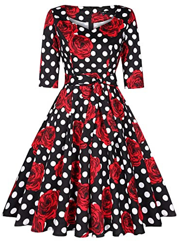 MINTLIMIT Vintage Dresses for Women Cocktail Dresses A Line Swing Short Sleeves Polka dots + Roses XL
