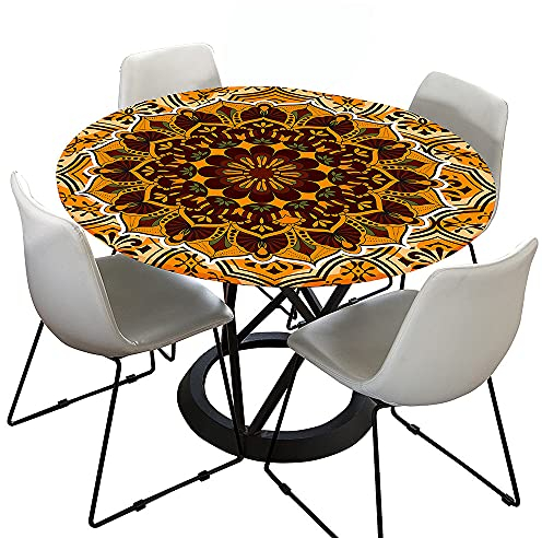 Morbuy Rund Tischdecke Elastisch, Mandala Rund Tischdecken Wasserdicht Lotuseffekt Abwaschbar Abwischbar Tischtuch für Dekoration Küchentisch Garten Outdoor (Durchmesser 110cm,Orange)