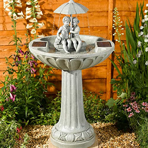 Festive Lights Fontaine à eau solaire parapluie gris de 82 cm avec bain d'oiseaux – Effet pierre vieillie, caractéristique de jardin extérieur, classée IP44, figurines décoratives et statue de chien,