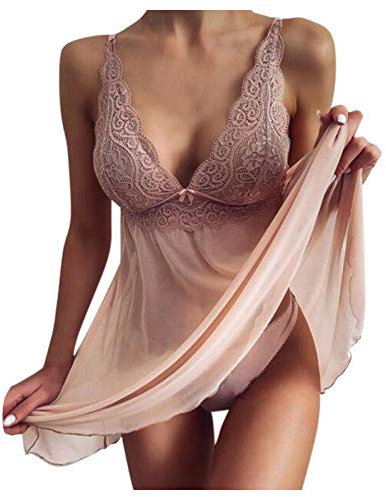 Dessous für Frauen, sexy freche Hosenträger, Spitzenbesatz, Nachthemd mit Tangas, durchsichtig, Babydoll, Nachtwäsche, Unterhemd, Damen, exotische Dessous-Sets, rose, 42