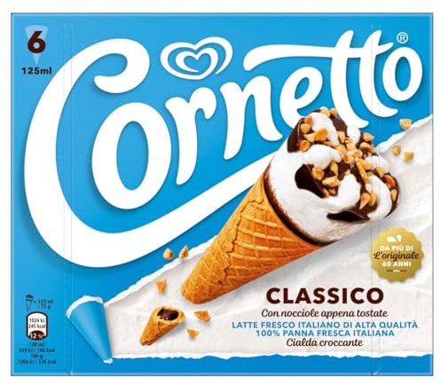 Cornetto Algida Classico, Gelato alla Panna con Cacao, Granella Nocciole, Meringhe e Punta Cioccolato, Latte Fresco e Panna Fresca Italiana, 6 coni 125 ml