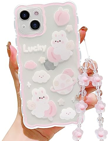 HZLFCZL Handykette Kompatibel mit iPhone 13 Hülle mit Kette,Cute Planet Kaninchen Muster Design Handy Kette Schutzhülle,Kameraschutz Handyhülle Girls Women Kawaii Soft TPU Transparent-Rosa