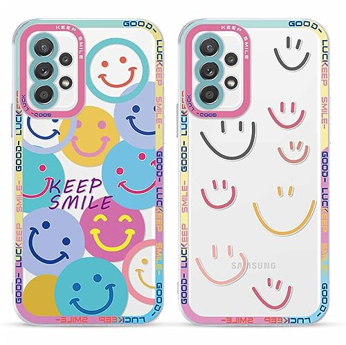 Yoedge 2 Stück Happy Smiley Face HandyHülle für Samsung Galaxy A52/A52s 5G Hülle 6,5,Transparent Smile Gesicht Niedliches Muster Design Aesthetic Case Schutzhülle für Samsung A52 Mädchen Frauen Cover
