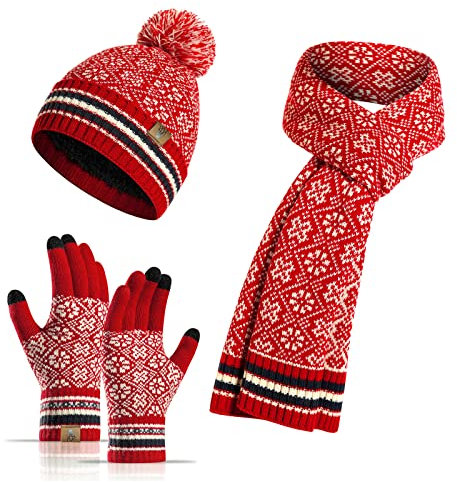 INSISMY Mütze Schal Handschuh Set Winter Weich Warm Pelzgefütterte Bommelmütze Langer Schal und Touchscreen Handschuhe Set 3-teiliges Retro Schneeflockenmuster Gestrickte Damen Unisex